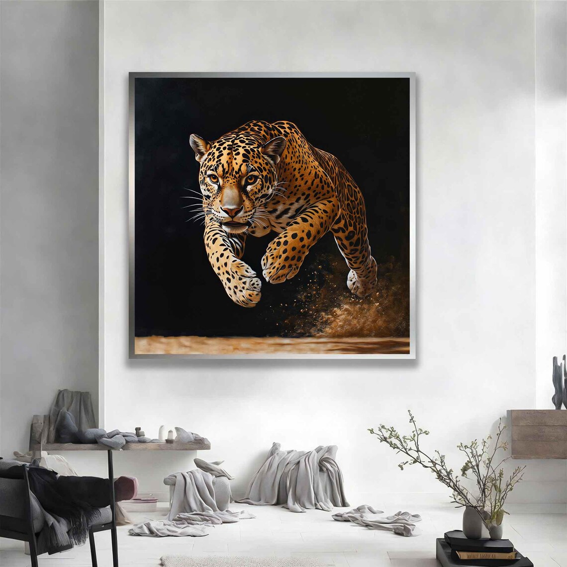 Leaping Leopard Portrait Painting Black Background Wild Animal Wall Poster - Image 5