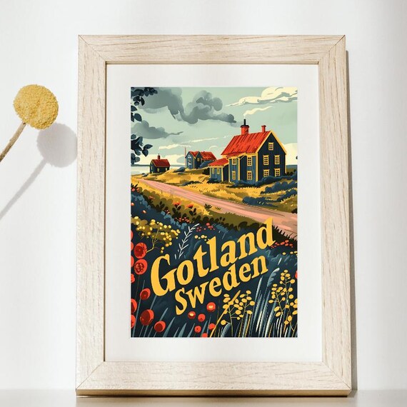 Gotland Sweden Red Cottages Countryside Vintage Travel Poster