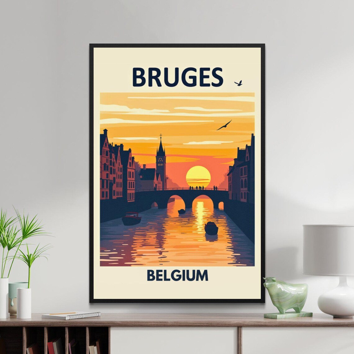 Bruges Belgium Canal Sunset Bridge Historic Vintage Travel Poster