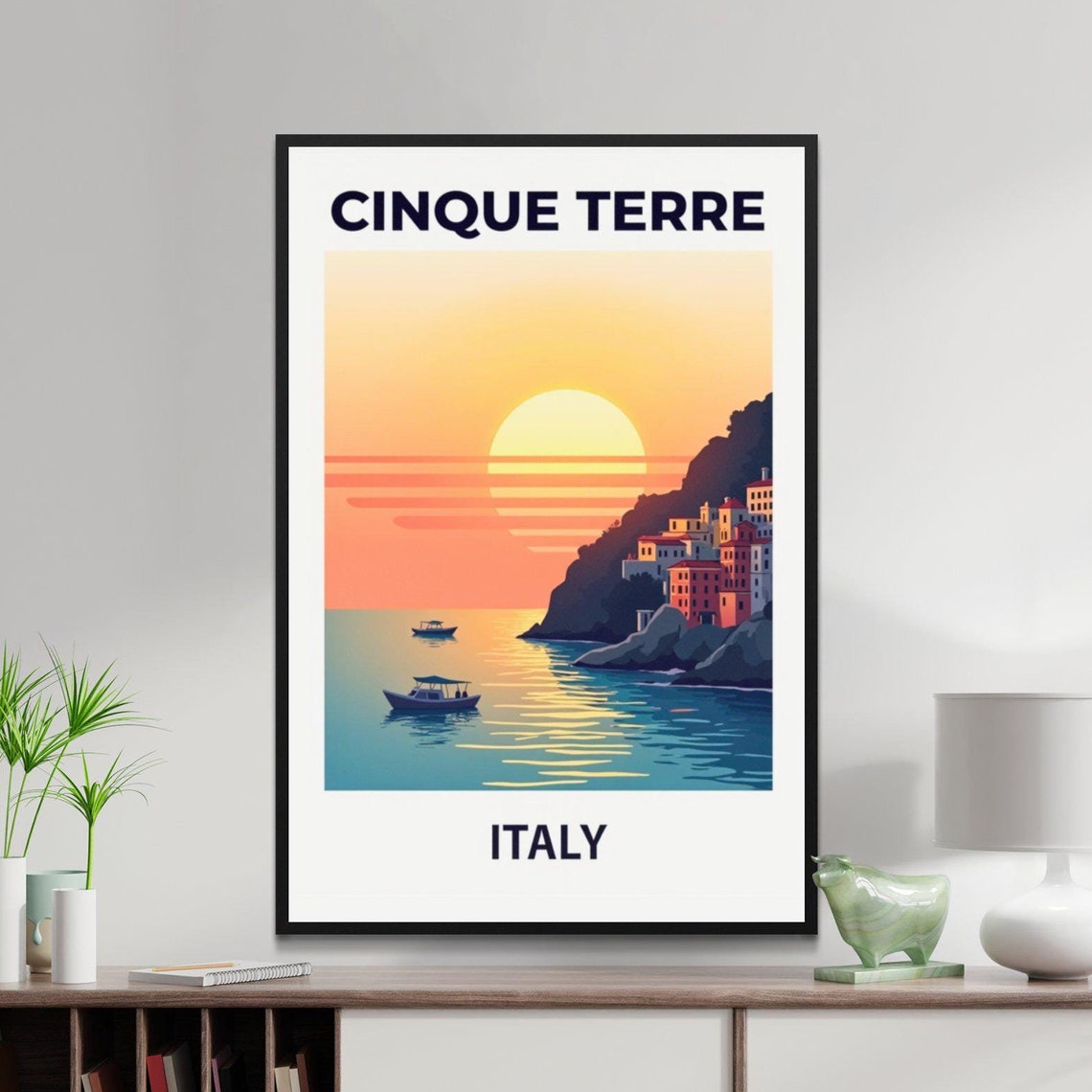 Cinque Terre Italy Sunset Coastal Village Boats Sea Travel Poster