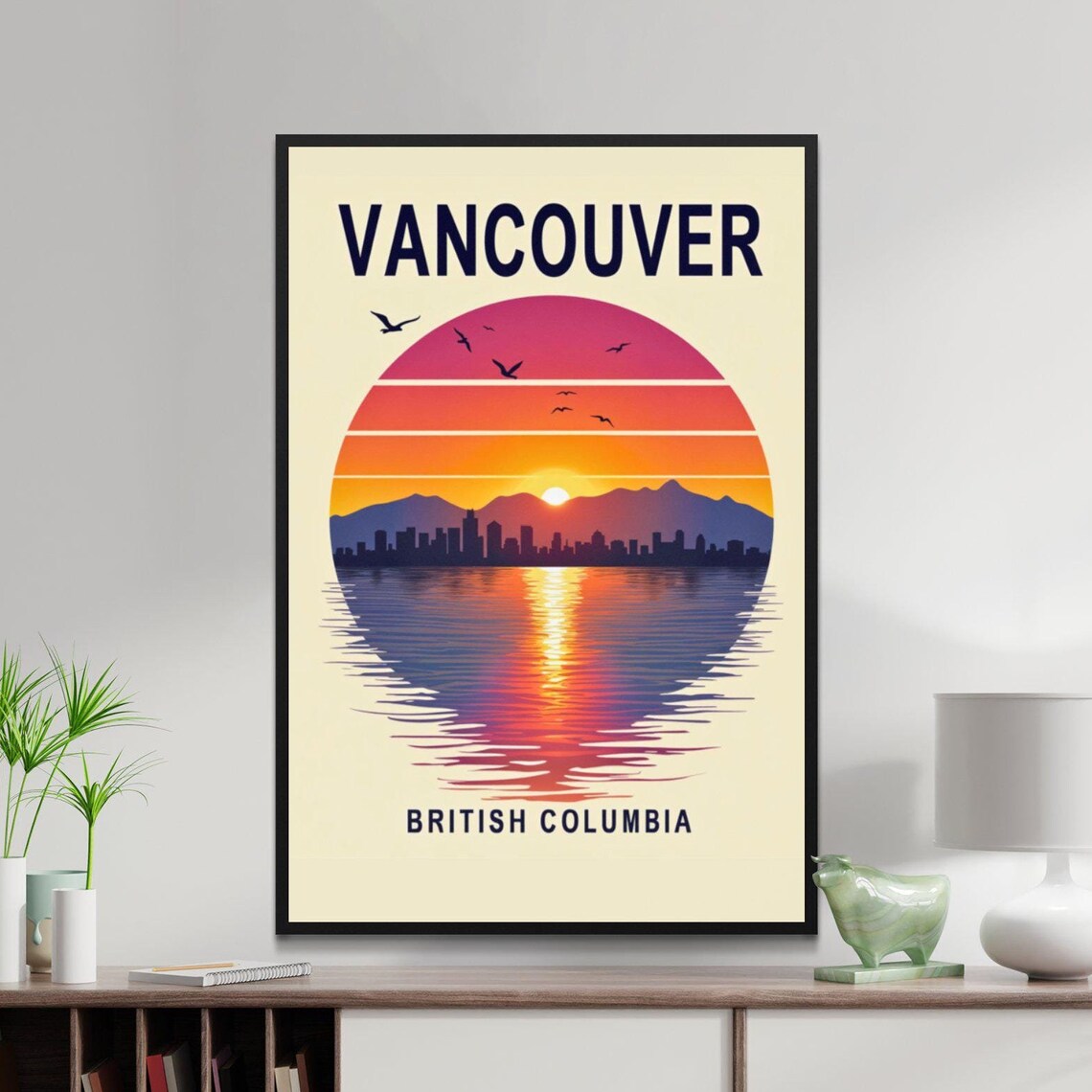 Vancouver British Columbia Sunset Skyline Over Water Retro Travel Poster