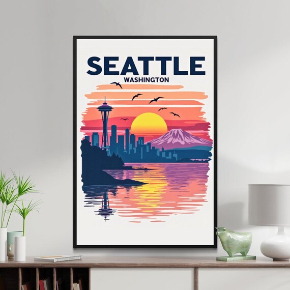 Seattle Washington Space Needle Skyline Sunset Mt Rainier View Poster
