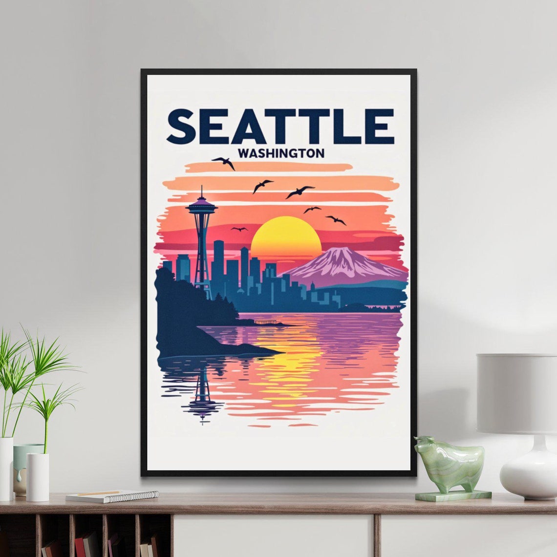 Seattle Washington Space Needle Skyline Sunset Mt Rainier View Poster