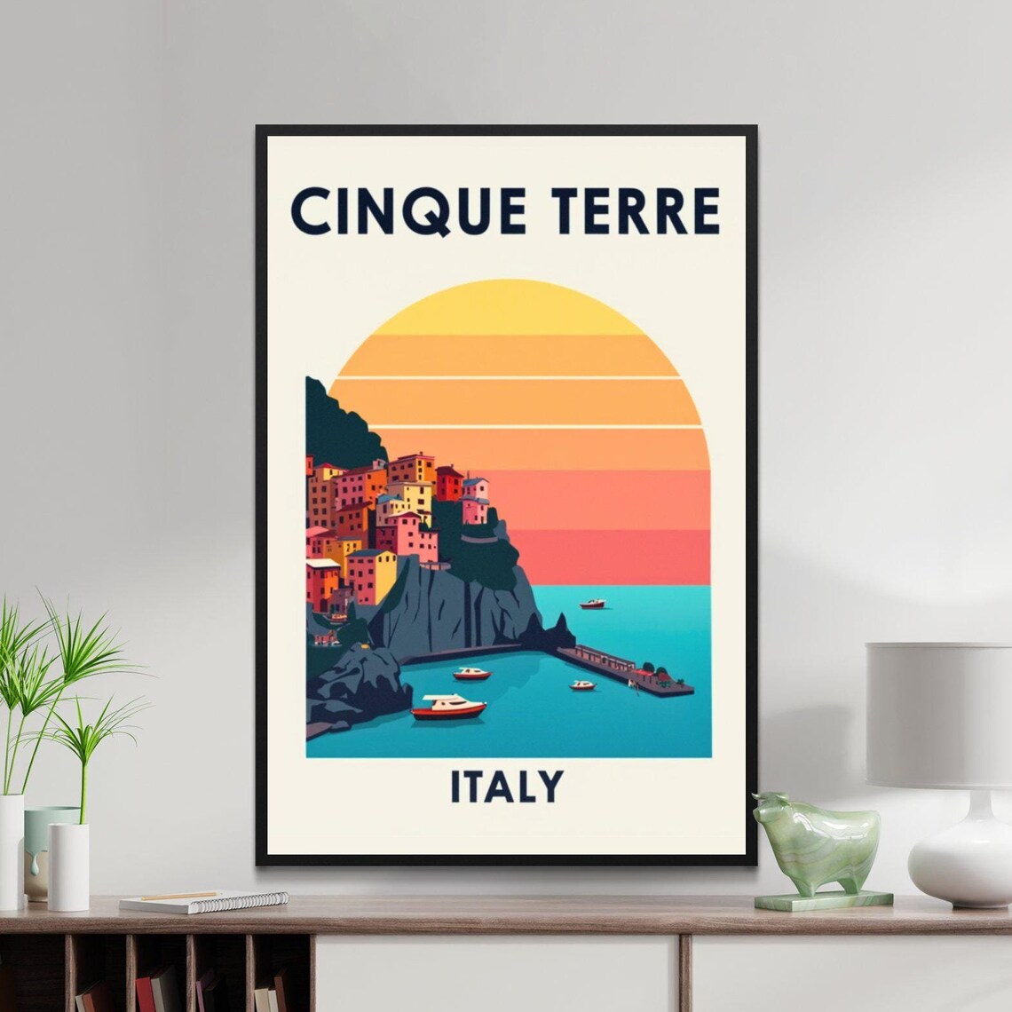 Cinque Terre Italy Sunset Cliffside Village Boats Retro Travel Poster