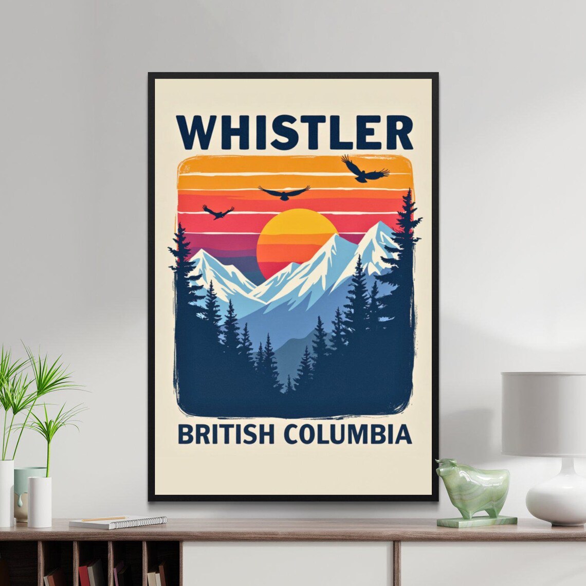 Whistler British Columbia Snowy Peaks Retro Sunset Ski Resort Poster