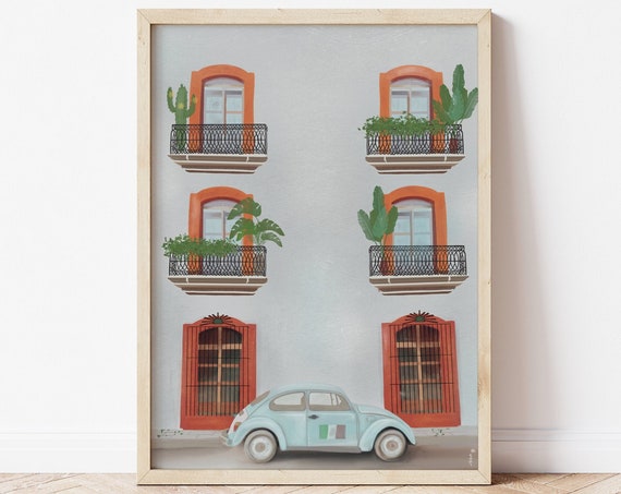 Oaxaca Mexico Print Mexico Illustration Poster Mexico Art Print Vw Beatle Illustration Mexico Travel Print Oaxaca Art Mexico Drawing