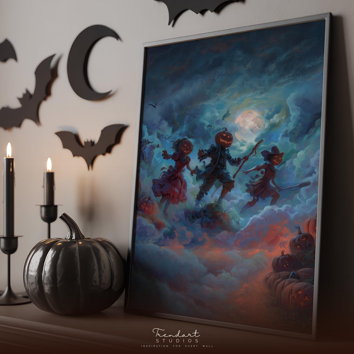 Pumpkin Headed Dancers Under Full Moon Spooky Halloween Poster