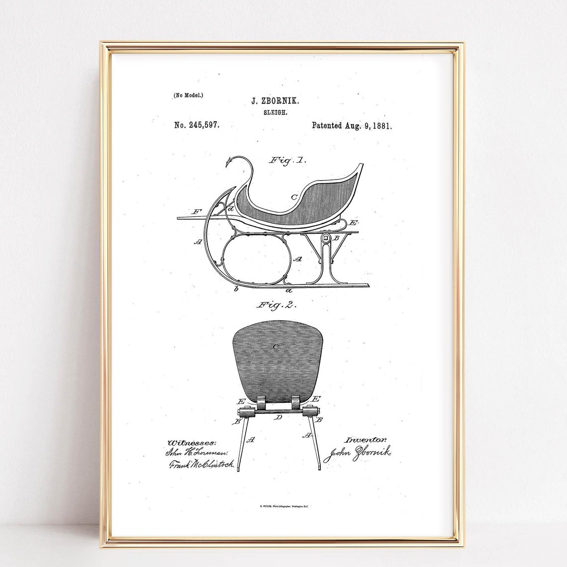 1881 Sleigh Patent Drawing Zbornik Monochrome Vintage Poster