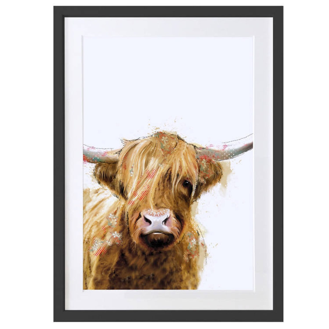 Shaggy Highland Cow Watercolor Portrait Framed Rustic Wall Art
