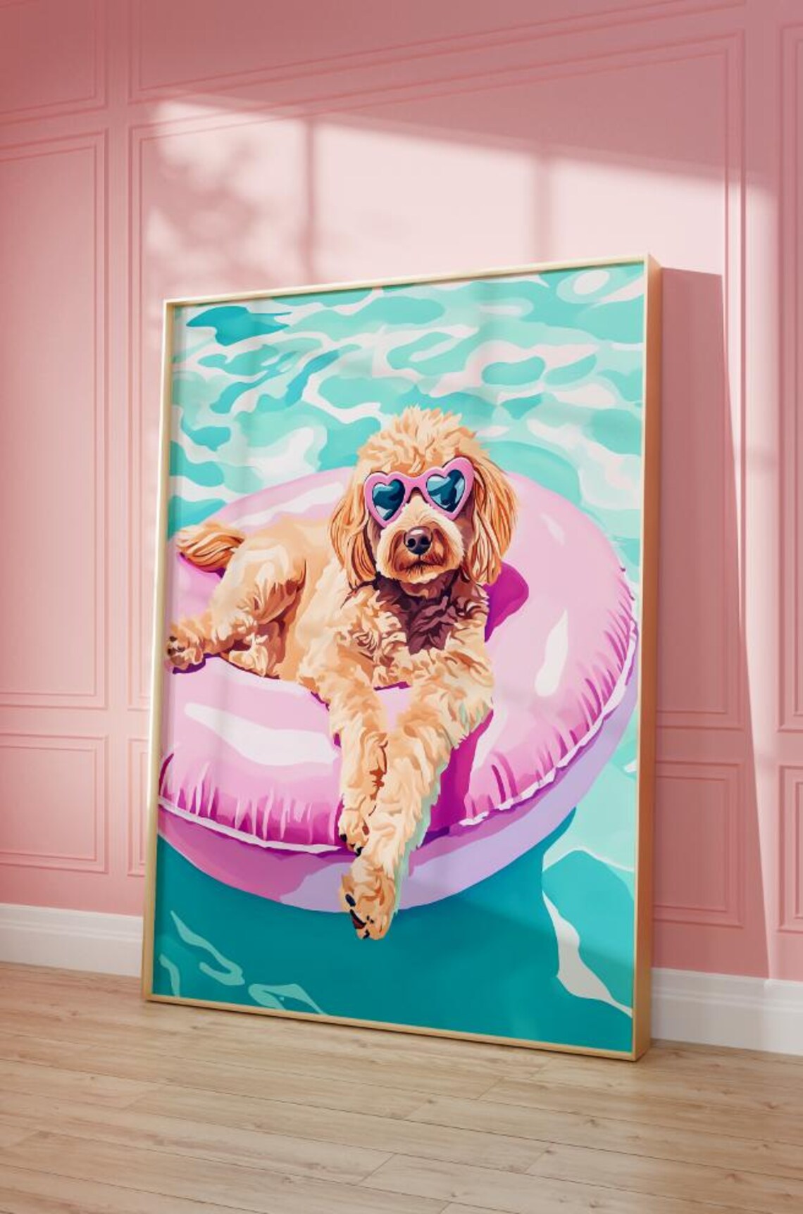 Pink Goldendoodle Pool Art Print, Funky Preppy Dog