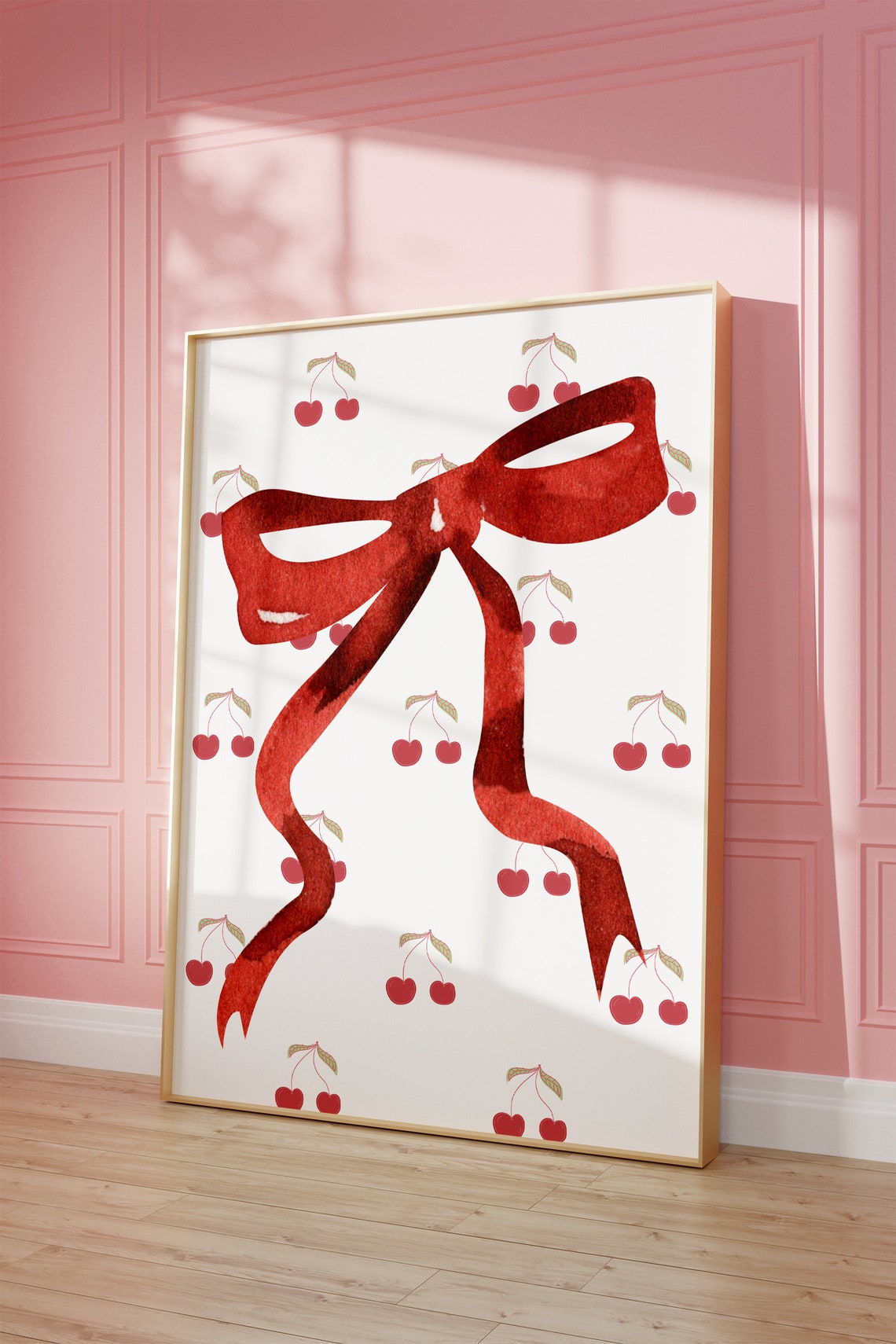 Big Red Watercolor Bow With Tiny Cherry Pattern Coquette Poster