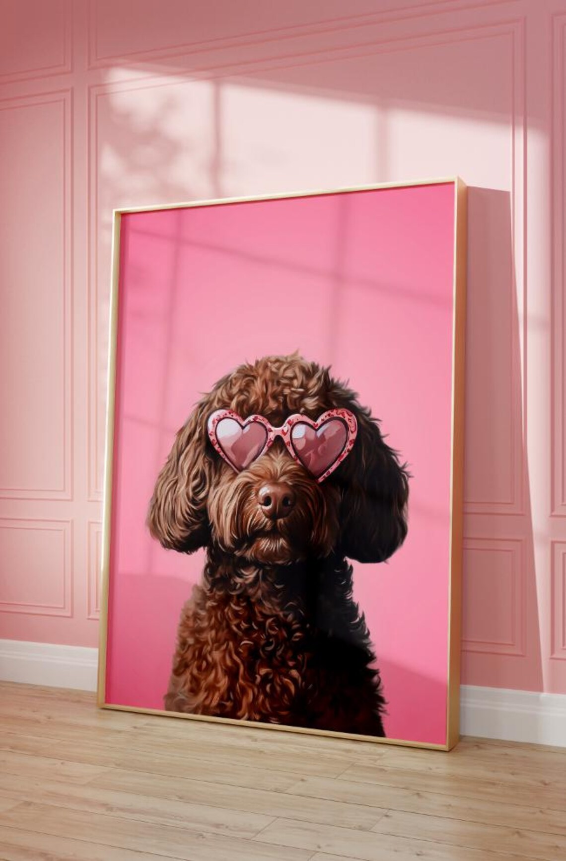 Chocolate Labradoodle Heart Sunglasses Bright Pink Portrait Poster - Image 2