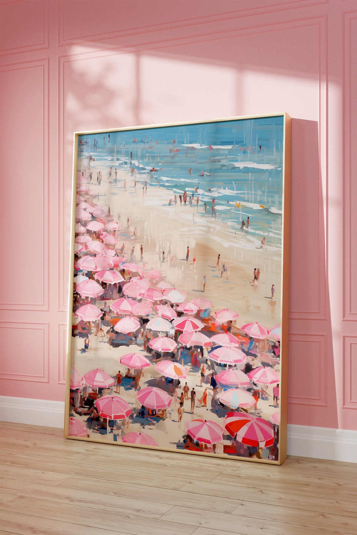 Pink Beach Umbrellas Busy Summer Shoreline Coastal Painting Poster