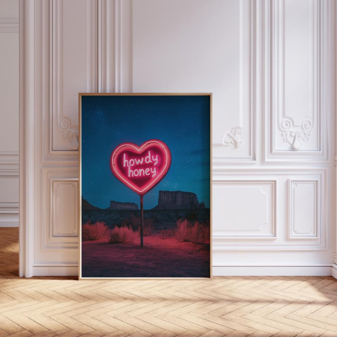 Howdy Honey Pink Neon Heart Sign Desert Night Western Poster