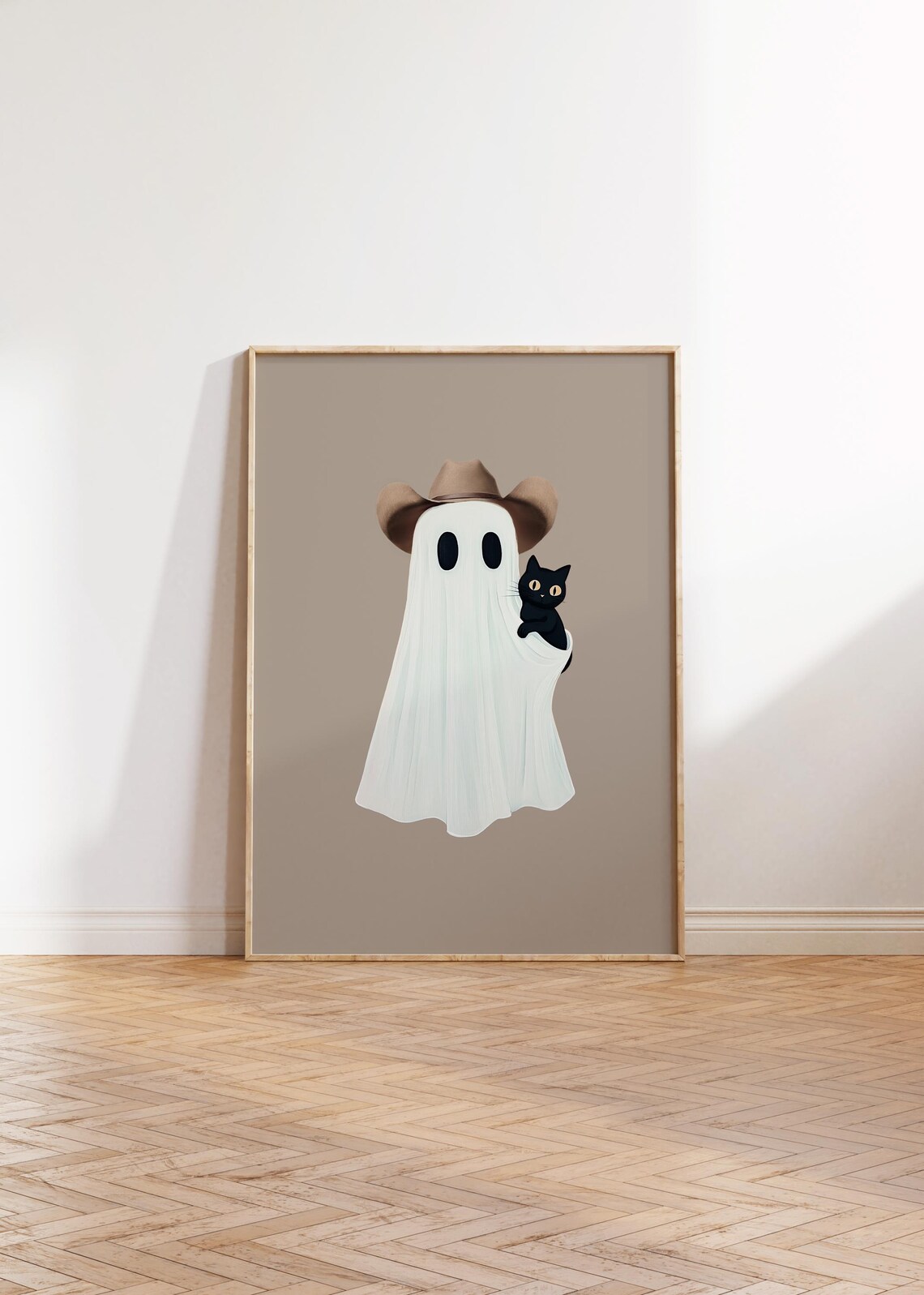 Cowboy Ghost Holding Black Cat Cute Halloween Spooky Season Poster