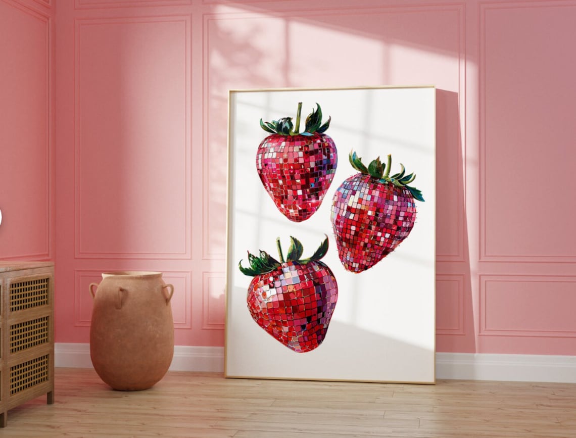 Three Retro Disco Ball Strawberries on a White Pop Art Poster