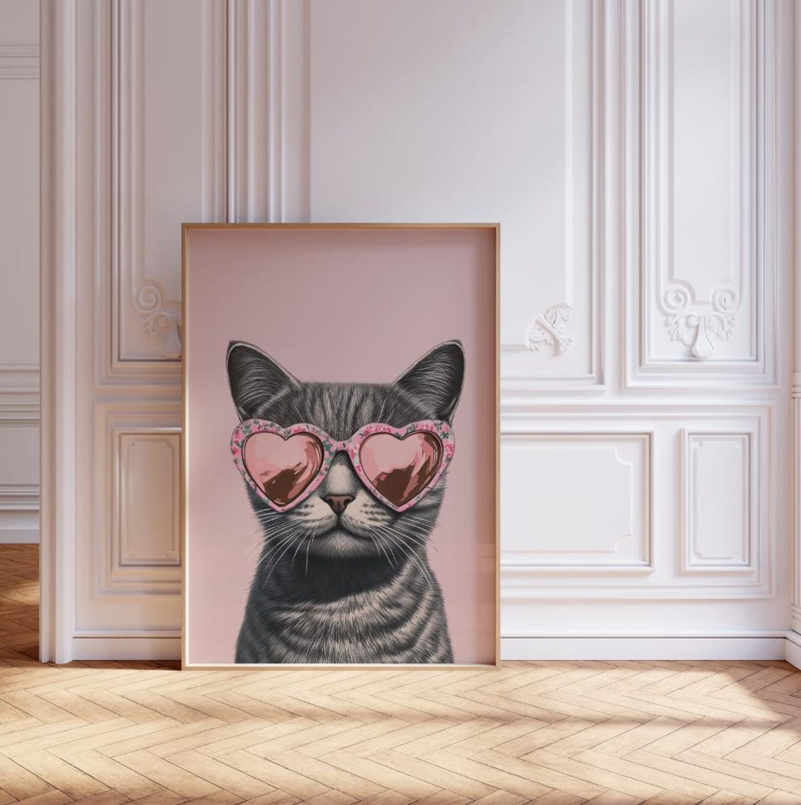 Pink Cat Art Print, Grey Tabby With Heart Sunglasses