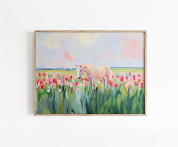 White Horse Standing In Pink Tulip Field Spring Meadow Poster