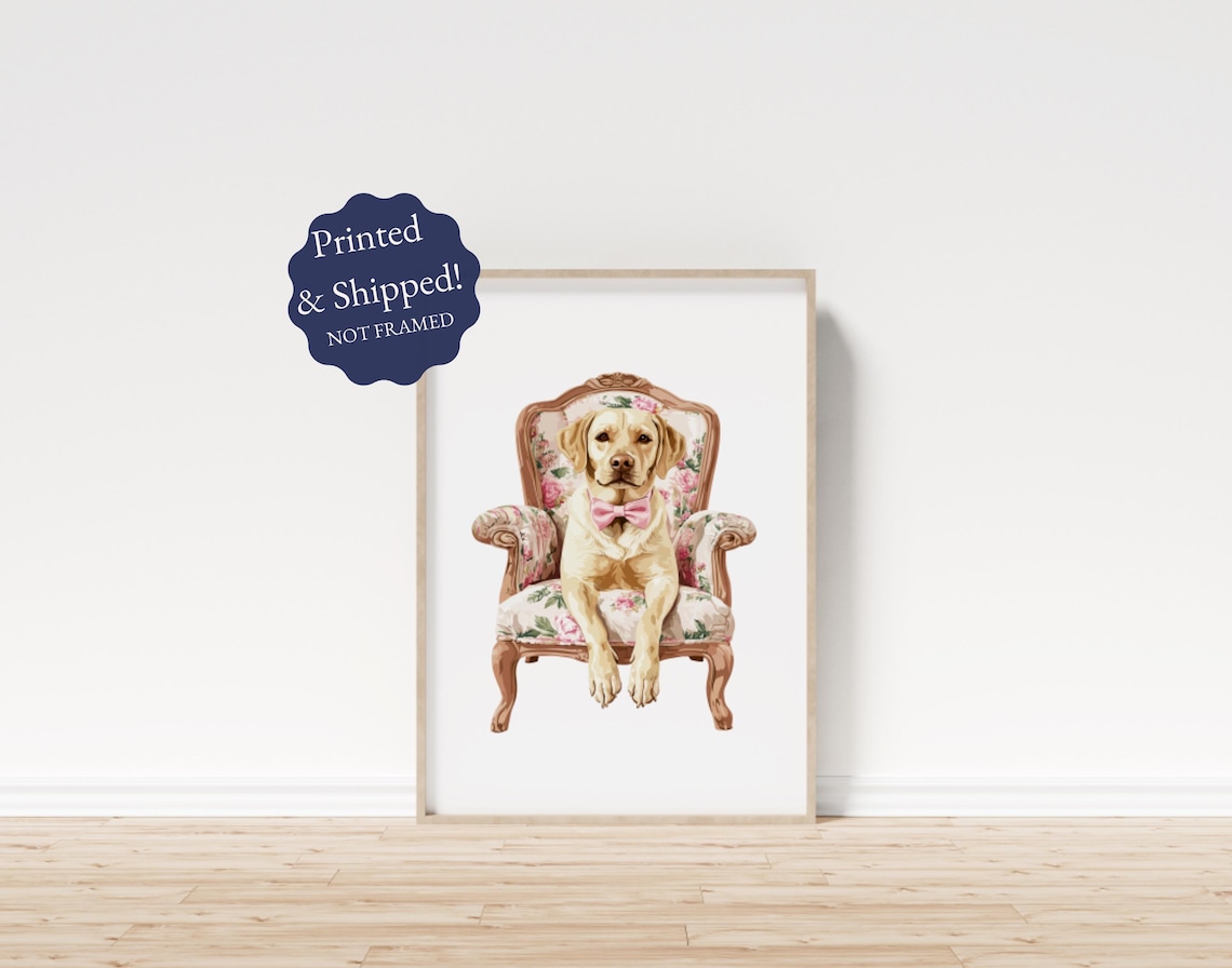 Preppy Yellow Labrador Bow Tie Floral Armchair Dog Art Poster