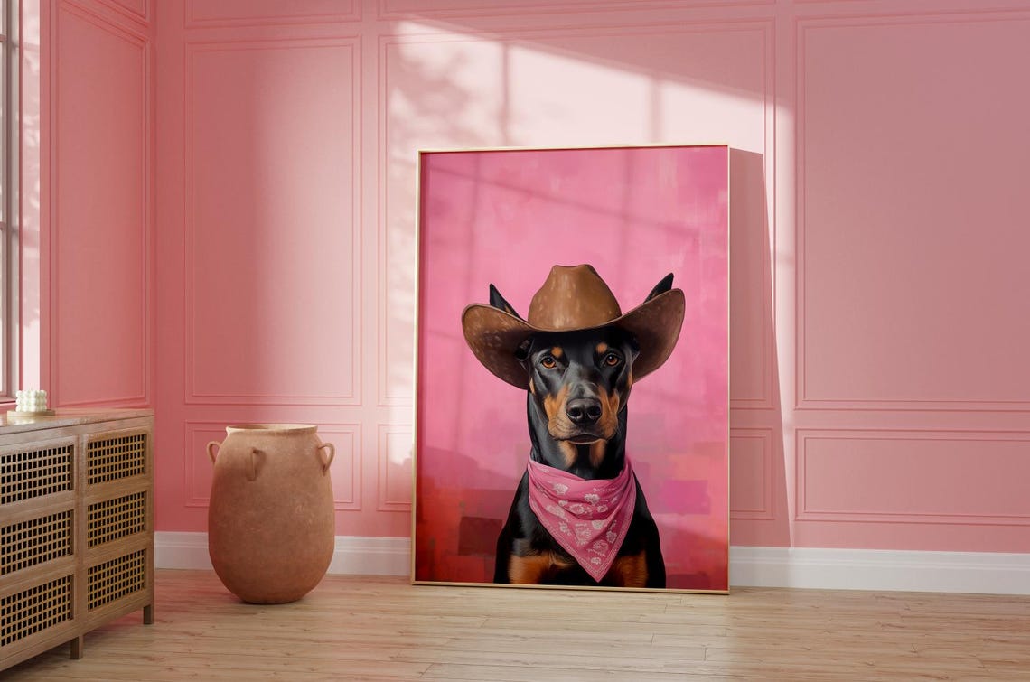 Doberman Cowgirl Hat Print Pink Print Vintage Art Western Girly Preppy Trendy Wall Art Puppy Print Cowgirl Hat Print Funky Western Art - Image 2