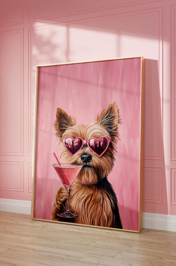 Pink Yorkie Martini Print Funky Poster Preppy Art Yorkshire Terrier Dog Cute Pink Decor Dog Print Martini Lover Art