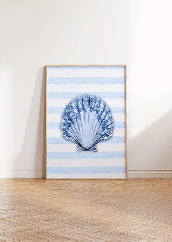 Blue Watercolor Scallop Shell on Striped Chinoiserie Coastal Poster