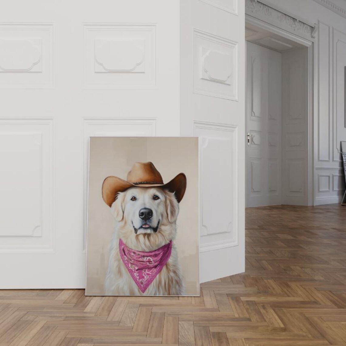 Fluffy Cream Dog Cowboy Hat Pink Bandana Western Portrait Poster