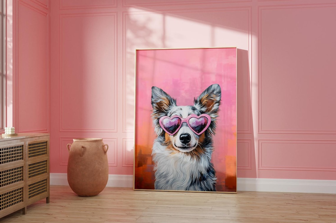 Pink Australian Shepherd Funky Poster, Kids Room Art Print