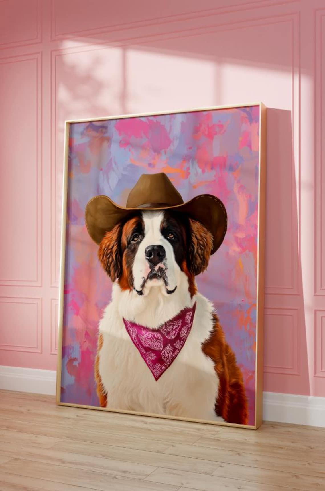 Saint Bernard Dog Wearing Cowboy Hat and Bandana Portrait Poster