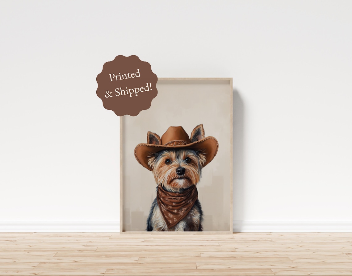 Yorkie Dog Cowgirl Art Print, Western Trendy Decor