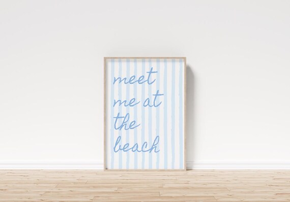 Meet Me at the Beach Blue Stripe Coastal Typography Decor Poster