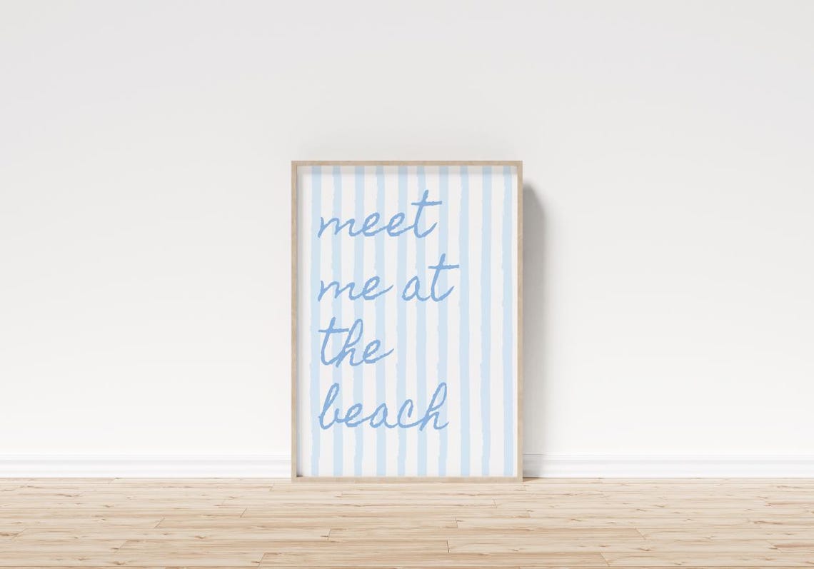 Meet Me at the Beach Blue Stripe Coastal Typography Decor Poster