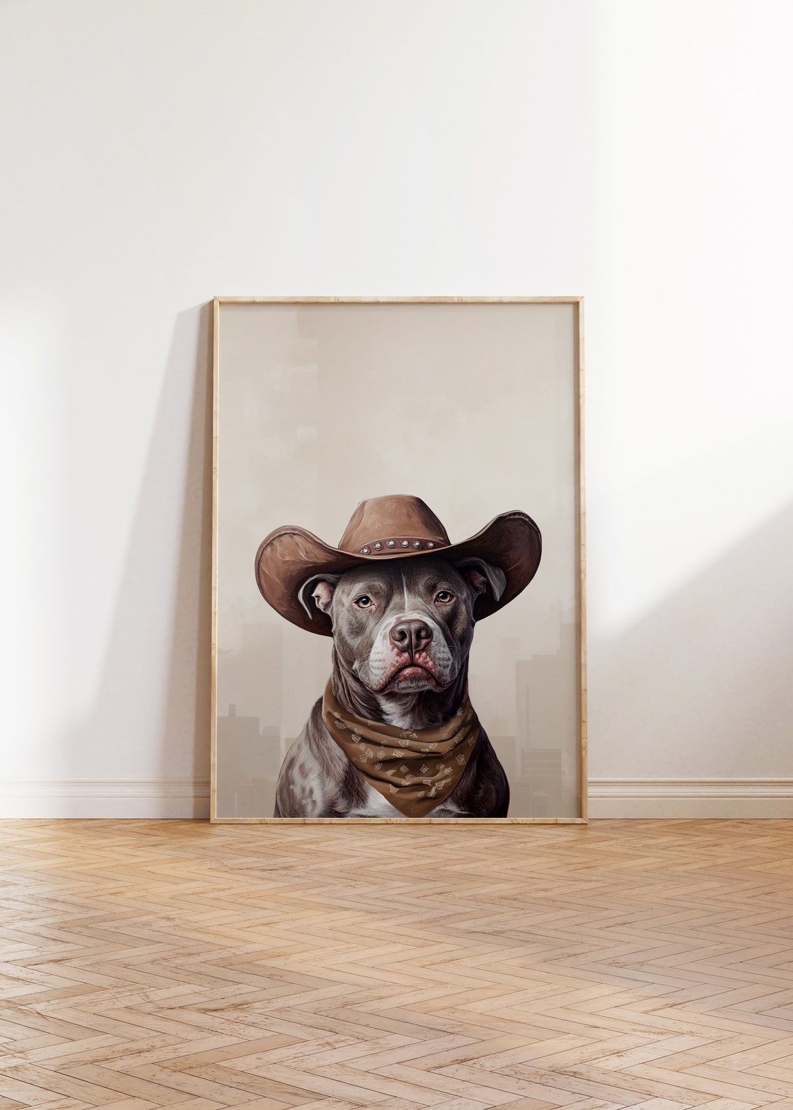 Pitbull Cowgirl Hat Print Neutral Aesthetic Print Vintage Art Western Trendy Wall Art Puppy Print Cowgirl Hat Print Funky Western Art