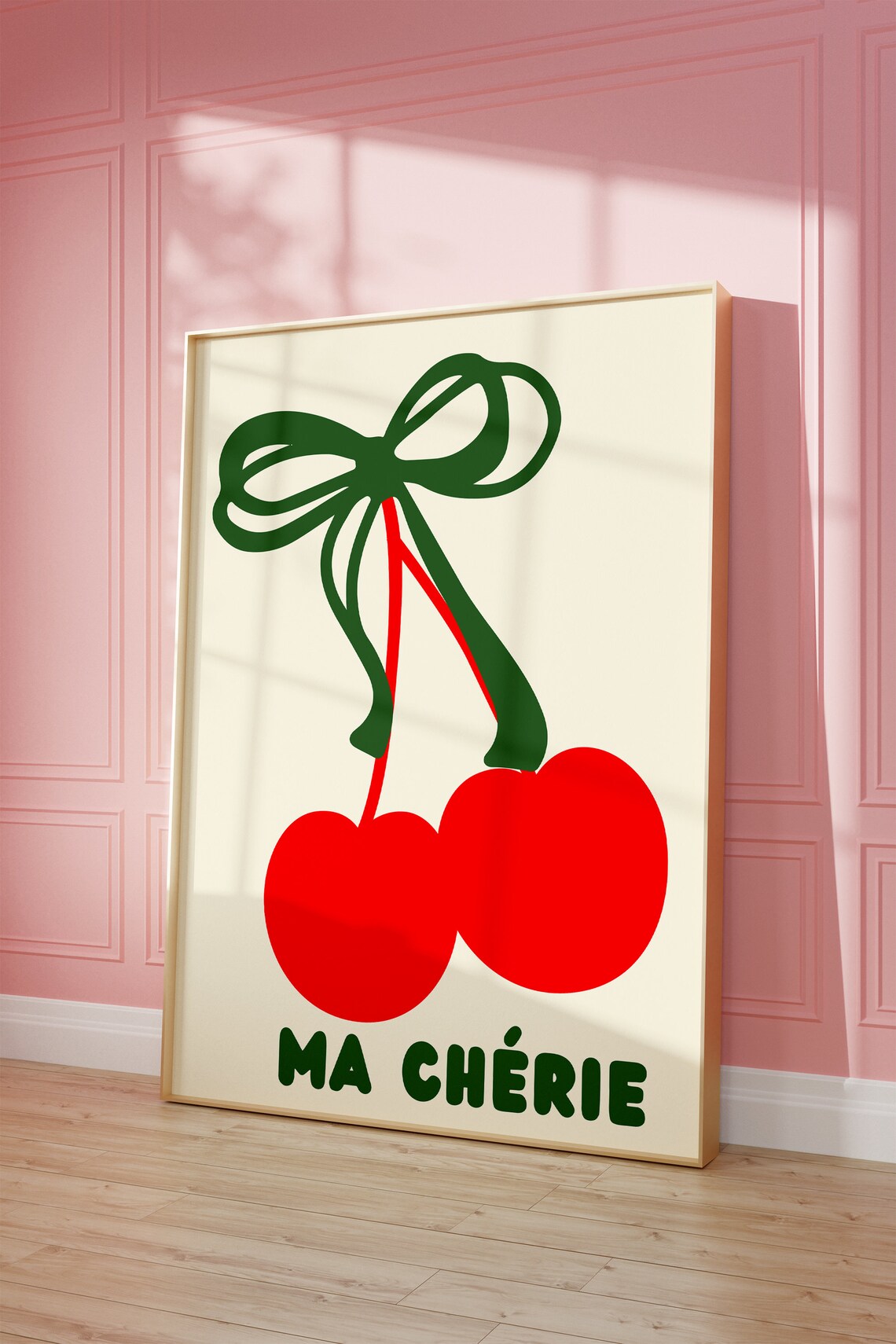 Ma Cherie Cherries Green Bow Warm Cream Background Decor Poster - Image 2