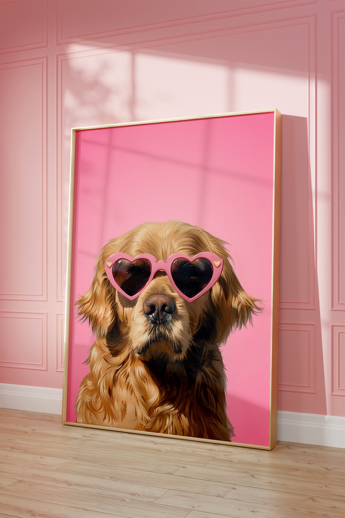 Pink Golden Retriever Print Funky Poster Preppy Art Golden Retriever Dog Cute Pink Decor Dog Print Kids Room Print