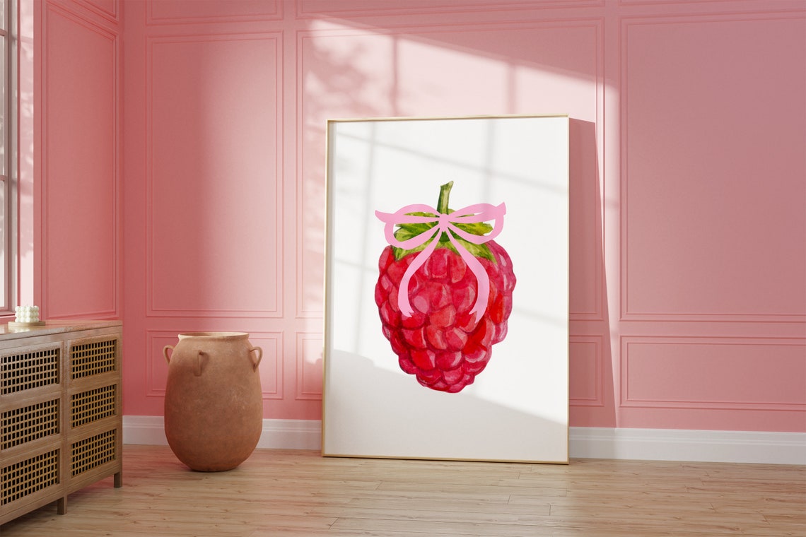 Sweet Watercolor Raspberry With Pink Bow Coquette Fruit Poster - Image 2