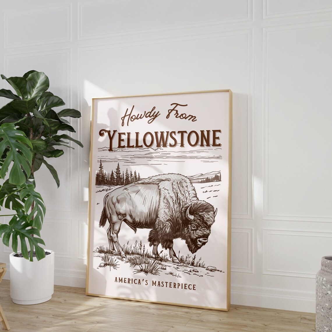 Howdy From Yellowstone Bison Vintage National Park Souvenir Poster