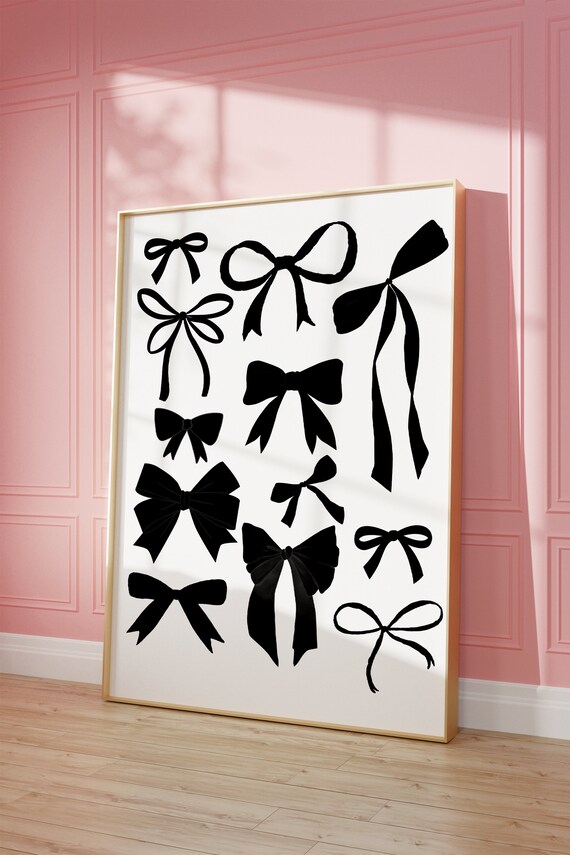 Cute Black Bow Coquette Hair Ribbon Coastal Cowgirl Decor Preppy Aesthetic Trendy Romantic Cottagecore Dorm Decor Art