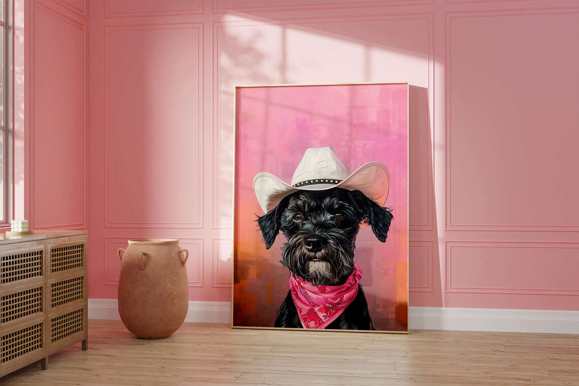 Scruffy Black Dog in Cowboy Hat with Pink Bandana Portrait Poster - Image 2