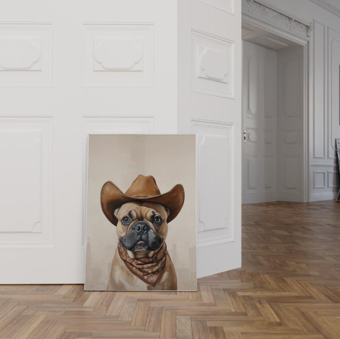 French Bulldog Cowgirl Hat Art Print, Western Portrait