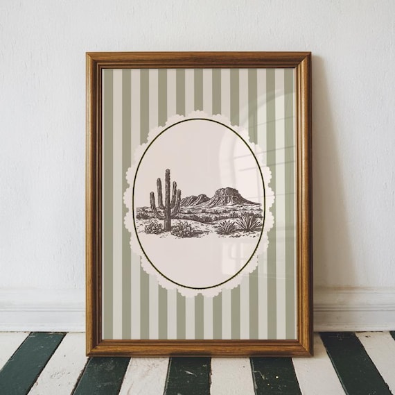 Saguaro Cactus Desert Scene Oval Medallion Sage Stripe Poster