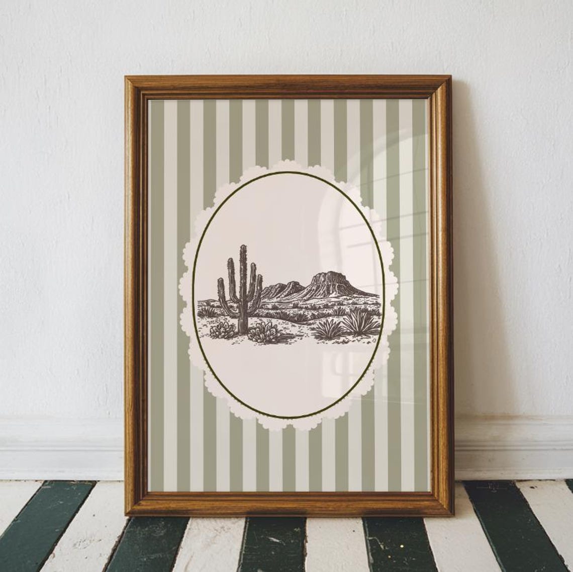 Saguaro Cactus Desert Scene Oval Medallion Sage Stripe Poster
