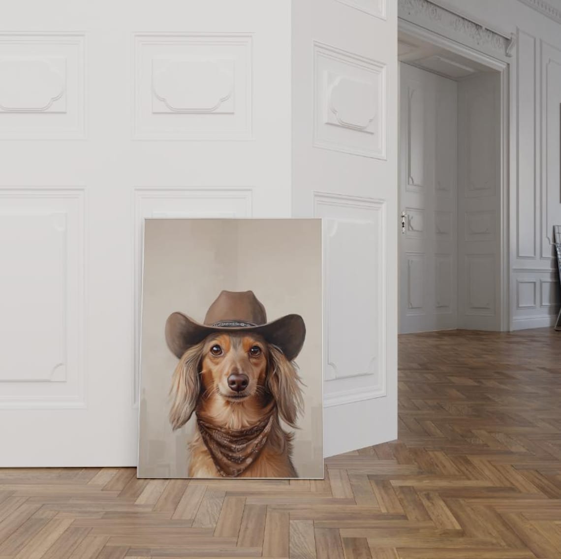 Cream Longhaired Dachshund Cowboy Hat Neutral Rustic Western Poster