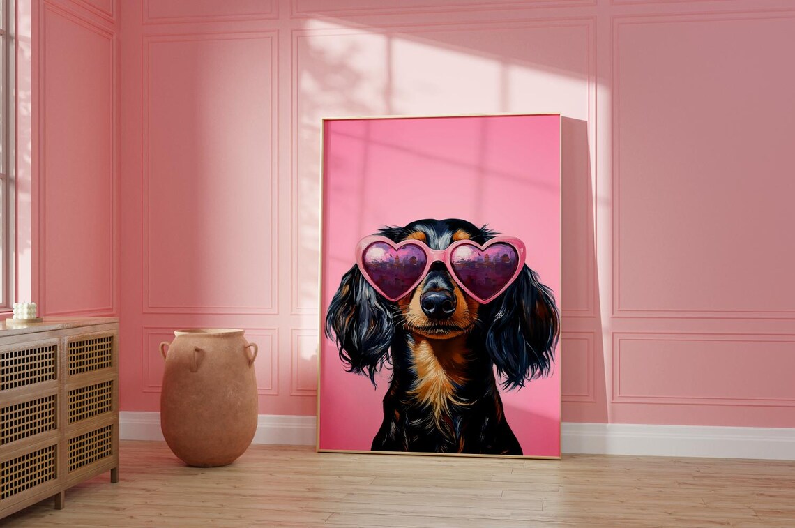 Pink Long Haired Dachshund Preppy Dog Art Print - Image 2