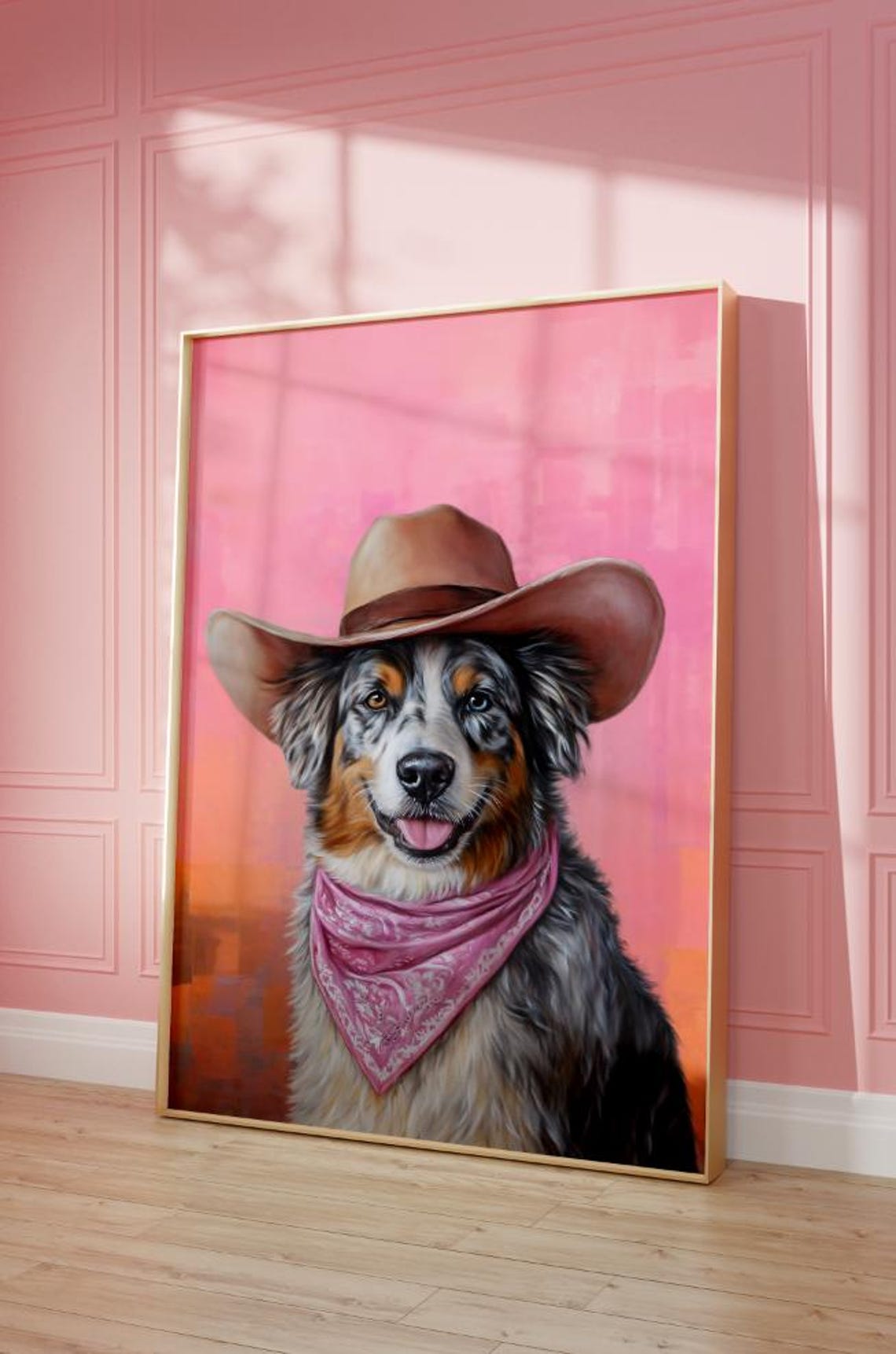 Australian Shepherd Cowgirl Hat Print Pink Print Vintage Art Western Girly Preppy Trendy Wall Art Cowgirl Hat Print Funky Western Art