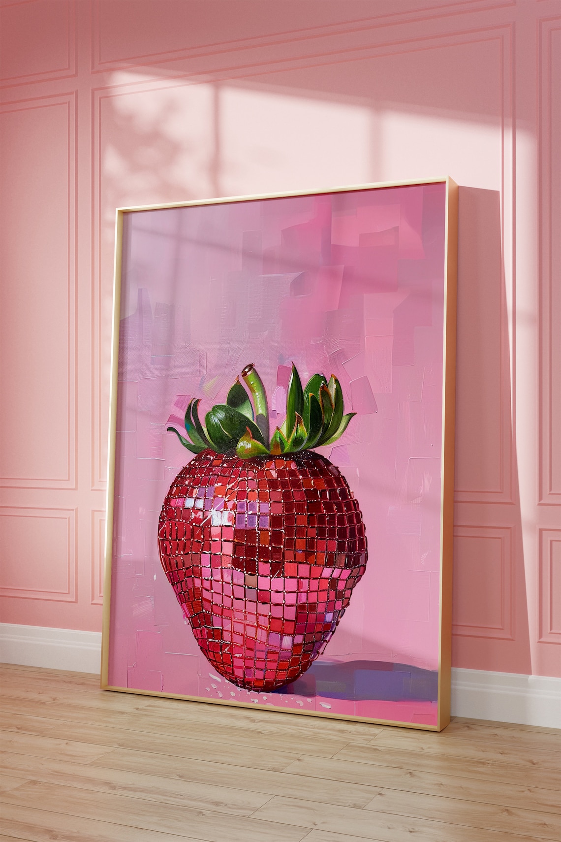 Retro Disco Strawberry Print, Vintage Pink Art