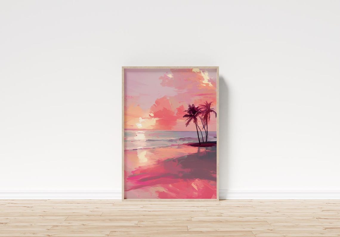 Pink Sunset Beach with Palm Trees Painterly Tropical Decor Poster - Image 2
