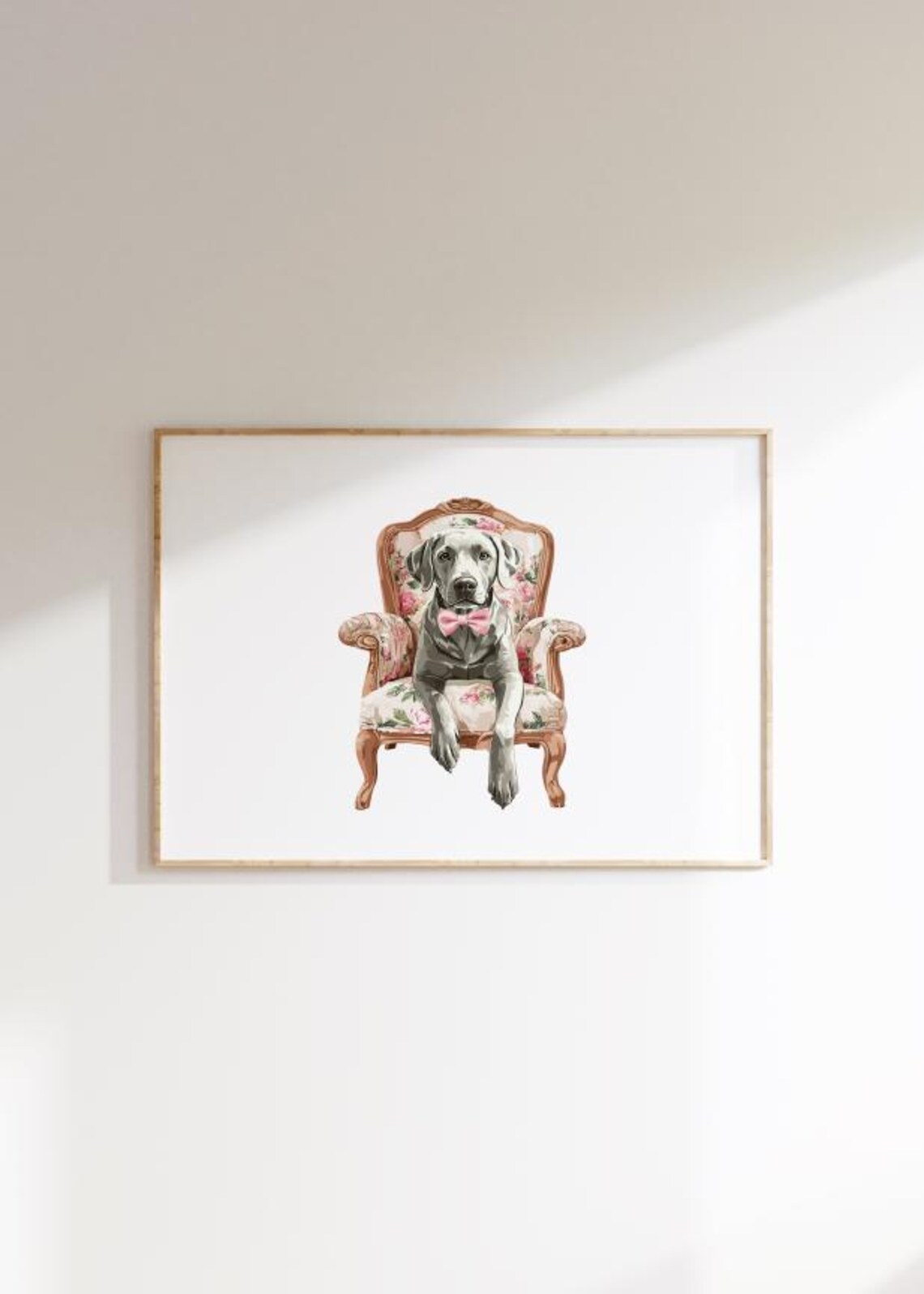 Silver Labrador Puppy With Pink Bow Tie On Floral Chair Poster