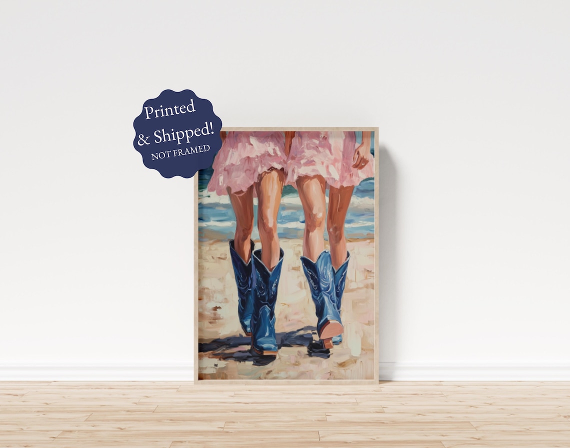 Coastal Cowgirl Boot Art Print, Pink Blue Preppy Decor