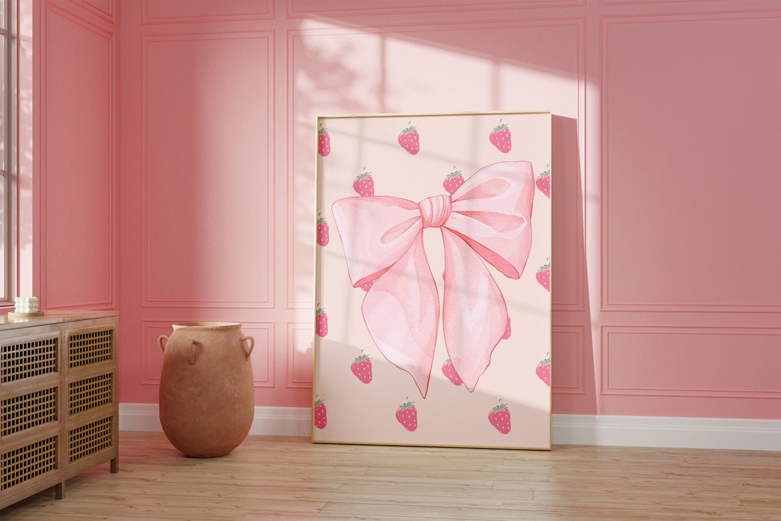 Giant Pink Ribbon Bow Over Strawberry Watercolor Pattern Poster - Image 2